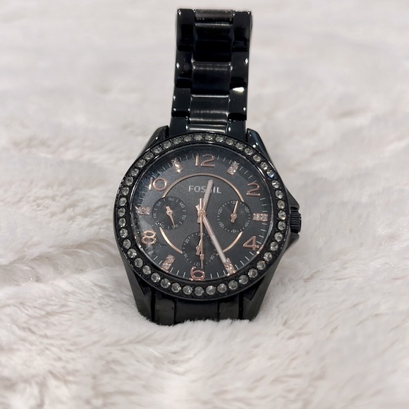 Fossil Riley Black Stainless Steel Watch with Rose Gold/Rhinestones Detailing - Picture 2 of 10